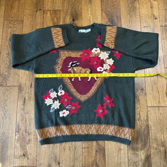 VTG Hand Embroidered Christmas Holiday Ramie Knit Sweater Poinsettia Deer Sz XL - Picture 4 of 6